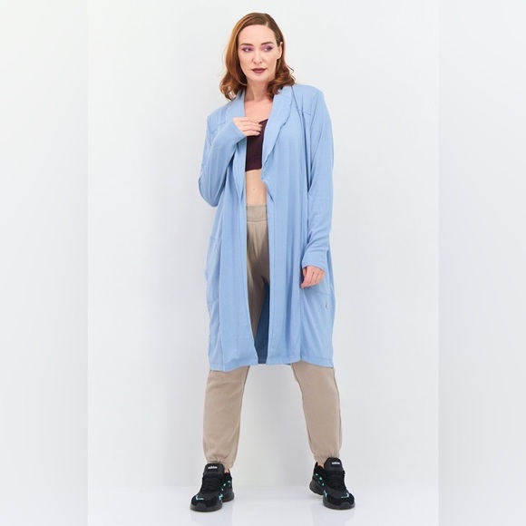 Women Split Neck Long Sleeve Plain Open Front Cardigan, Slate Blue NWT 72.00 - Picture 1 of 5